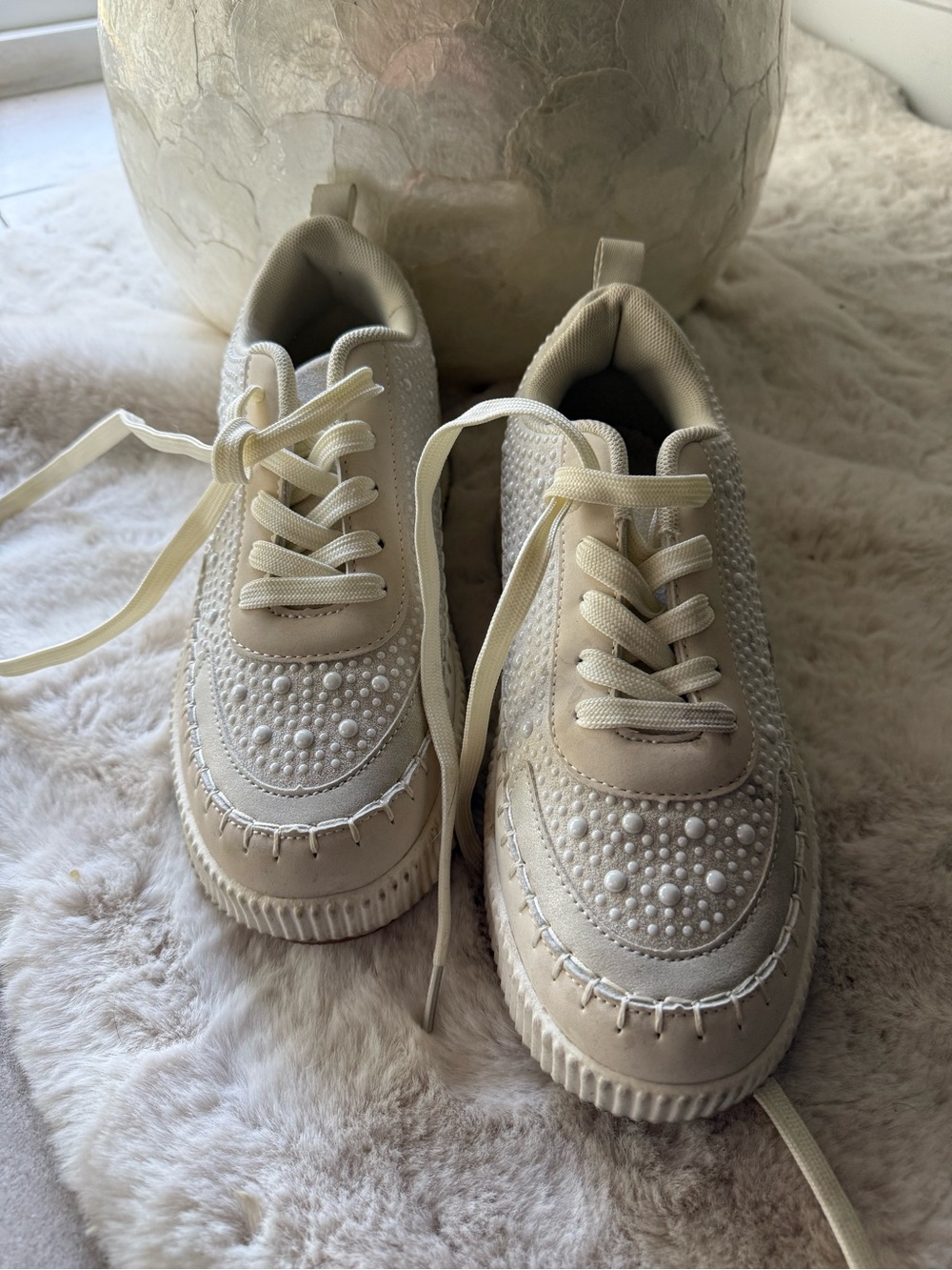 Nicole Miller Cream Pearl-Accent Women's Sneakers